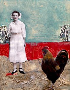 a painting of a woman standing next to a chicken