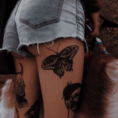 a woman's legs with tattoos and butterflies on her thighs, both showing off their butts