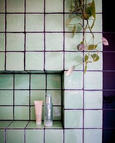 a green tiled wall with two bottles and a vase on the shelf next to it