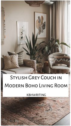 Stylish grey couch in a modern boho living room with plants and patterned pillows.