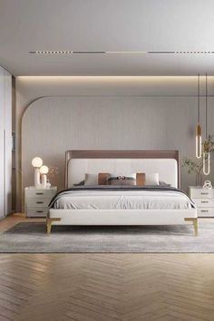 a bedroom with a bed, dressers and two lamps on the side of it