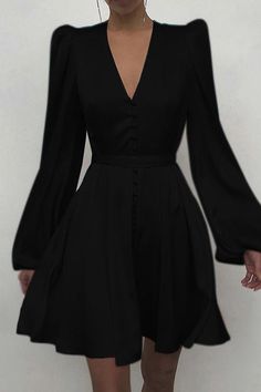 Black Party Dresses Short, Bishop Sleeve Dress, White Silk Dress, Designer Midi Dresses, Flowing Dresses, Puff Long Sleeves, Black Short Dress, V Neck Midi Dress, Silk Slip Dress