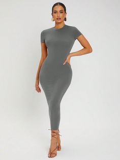 Dark Grey Elegant Collar Short Sleeve Knitted Fabric Plain Bodycon Embellished Medium Stretch Summer Women Clothing Dress Appropriately, Beachwear Fashion, Modest Clothing, Neck Bodycon Dress, Top Models, Estilo Hip Hop, Todays Outfit, Women Long Dresses, Classy Dress