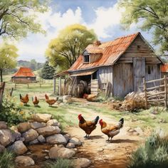 a painting of chickens in front of an old barn and farmyard with rocks on the ground