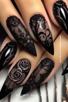 Inspired by 30 captivating Gothic nail ideas, perfect for adding dark elegance to your style. Embrace summer goth nails with vibrant, edgy designs. Gothic Wedding Nails For Bride, Dark Floral Nails, Summer Goth Nails, Gothic Nail Ideas, Nail Sets Ideas, Gothic Nail Designs, Black Wedding Nails, Black And White Nail Design, Goth Nail Art