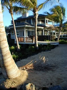 a house on the beach with palm trees