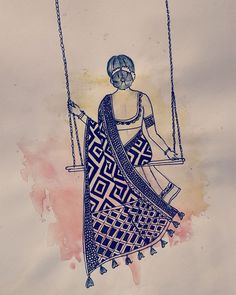 a drawing of a woman sitting on a swing with her back turned to the camera