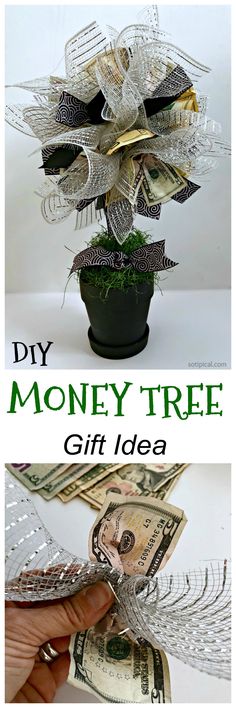 money tree made out of dollar bills in a pot with the words, diy money tree