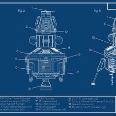 a blueprinted drawing of a space shuttle with parts labeled in the bottom right corner