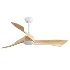 a white ceiling fan with wooden blades on it's blades and two light bulbs