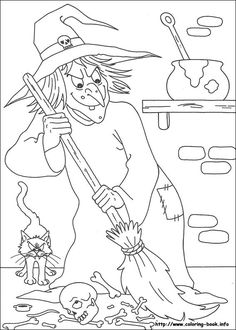 a coloring page for halloween with a witch holding a broom and a skull on the ground