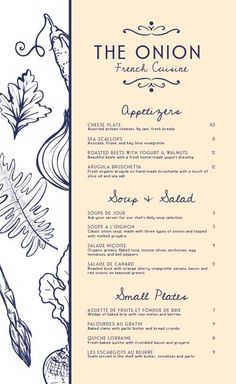 the onion restaurant menu is shown in blue and white