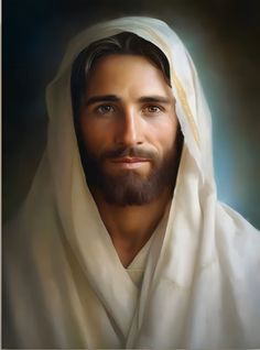 a painting of jesus wearing a white robe with his head turned to look like he is smiling