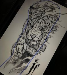 a drawing of a tiger with blue lines