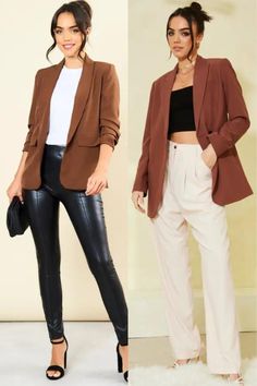 Embrace cozy, earthy tones with a brown blazer that pairs effortlessly with fall favorites. It's a versatile piece that adds warmth and sophistication to your style. Brown Blazer Fall Outfit, How To Style Brown Blazer, Blazer Brown Outfit, Blazer Types, Brown Blazer Outfits For Women, Trench Coats Women Outfit, Short Trench Coat Women, Blazer Outfits Women