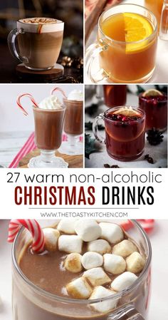 hot chocolate drinks with marshmallows and candy canes in mugs for christmas