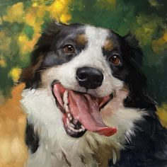 a painting of a black and white dog with it's tongue hanging out looking at the camera