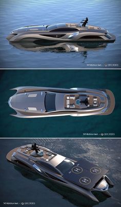 three different views of a boat in the water