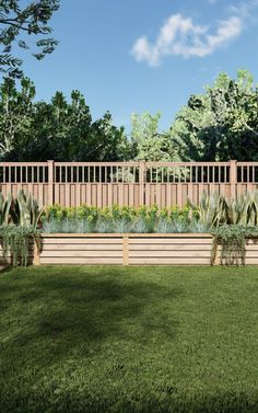 an artist's rendering of a fenced in area with plants and trees on the other side