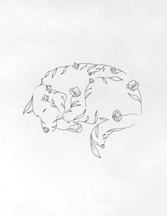 a black and white drawing of a pig with flowers on it's back legs