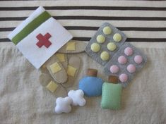 an assortment of medical items laid out on a bed