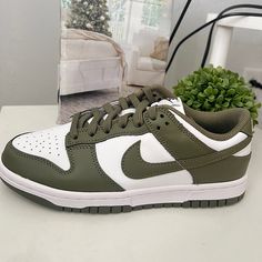 Brand New Women Size 6.5 Men Size 5 Nike Sneakers With Branded Heel Counter And Round Toe, Nike Custom Sneakers With Cushioned Footbed And White Sole, Nike Dunk Low Olive, Nike Dunk Low Medium Olive, Green Dunks, Leopard Print Sneakers, Cute Nike Outfits, Dunks Nike, Nike Green