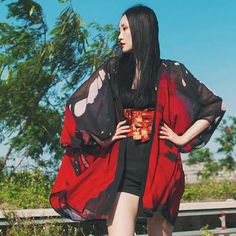 Red Kimono Cardigan | Eiyo Kimono Short Kimono Outfit, Kimono Outfit Japanese, Red Kimono Outfit, Atla Oc, Butterfly Kimono, Outfits Dr, Story Concepts, Japanese Fashion Trends, Kimono Traditional