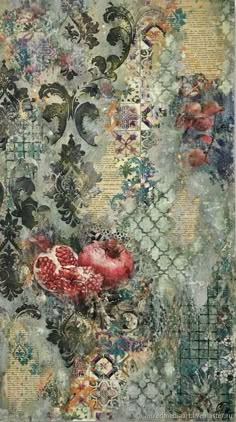 an abstract painting with flowers and other things on the surface, including paper machs