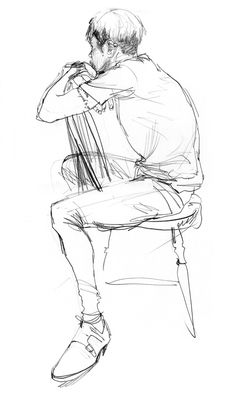 a black and white drawing of a man sitting on a chair with his head in his hands