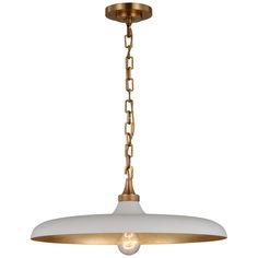 a white and gold pendant light with chain hanging from it's center point on an isolated ceiling fixture