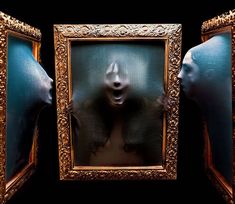 an image of a woman's reflection in a mirror with her head inside the frame