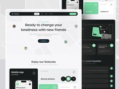 the landing page for mobile app design, with green and black elements on it's side