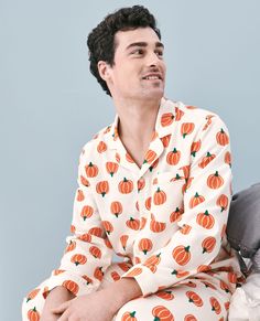 Adult Halloween Flannel Pajama Top Cotton Sleepwear For Sleepover In Fall, Orange Long Sleeve Sleepwear For Sleepover, Orange Long Sleeve Sleepwear, Long Sleeve Orange Sleepwear, Orange Long Sleeve Sleepwear For Pajama Party, Fall Long Sleeve Sleepwear For Sleepover, Casual Orange Sleepwear For Bedtime, White Long Sleeve Sleepwear For Fall, Casual Orange Long Sleeve Sleepwear