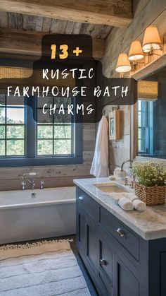 Ready to cozy up your bathroomClick to discover 13 rustic farmhouse bathroom ideas that blend nostalgia with modern comfortFind your styleFarmhouseBathroom RusticCharm HomeDecor BathroomDesign CozyInteriors Bathroom Remodel Unique, Bathroom Remodel Industrial, Rustic Shower Remodel Ideas, Farmhouse Bathroom Wood Floor, Country Home Bathroom Ideas, Traditional Rustic Bathroom, French Country Farmhouse Bathroom Ideas, Farmhouse Interior Design Bathroom, Farmhouse Bathroom Countertops