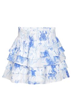 Our Billie Skirt is reimagined in 100% cotton with a hibiscus watercolor print. Below a wide smocked waistband, the skirt falls to two shirred tiers with ruffle details.