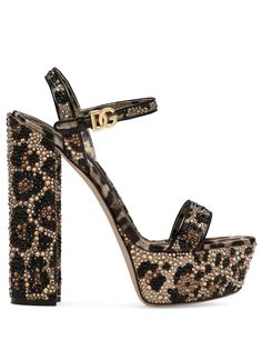 beige/black all-over leopard print crystal embellishment buckle-fastening ankle strap goatskin branded leather insole almond toe open toe high block heel 105mm gold-tone logo plaque Haute Couture, 00s Mode, Woman Sandals, Dr Shoes, Leopard Heels, Fancy Shoes, Girly Shoes, Shoe Inspo, Swag Shoes