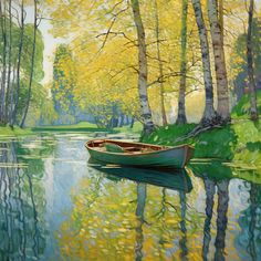 a painting of a boat on the water in front of trees with yellow leaves and green grass