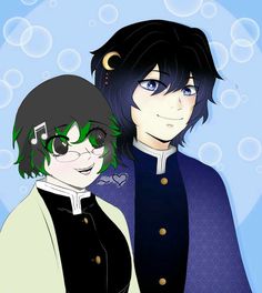 two anime characters one with green hair and the other wearing black, standing next to each other