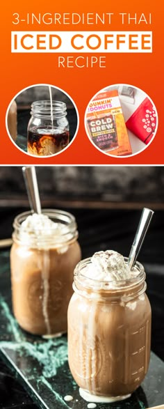 two jars filled with iced coffee sitting on top of a table