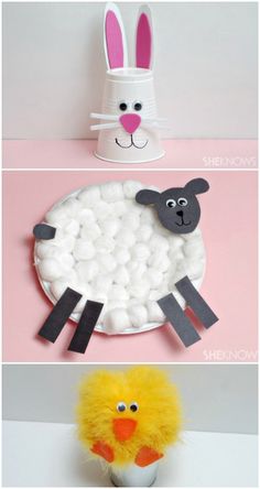 three different pictures of paper plates with sheep, chicken and lambs on them together