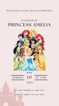 the princess birthday party flyer is shown in pink and white, with an image of disney characters