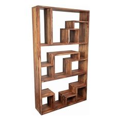 a wooden book shelf with several cubes on the bottom and one section missing from it