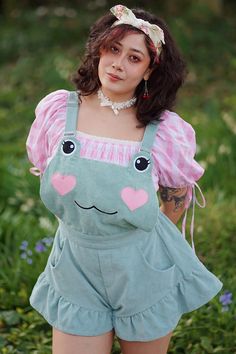 Matcha Frog Pinafore – Miss Candyholic Frog Face, Ruffled Shorts, Fest Outfits, Embroidered Face, Green Corduroy, Matcha Green, A Frog, Zooey Deschanel, Cute Rompers