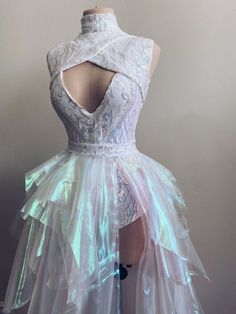 Iridescent Clothing, Rave Wedding, Iridescent Organza, Organza Dresses, Avant Garde Dresses, Iridescent Dress, Rave Babe, Blue Costumes, Detachable Skirt