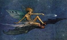 a fairy sitting on the back of a flying animal