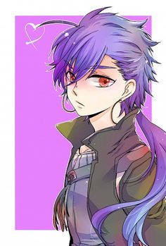 an anime character with purple hair and piercings