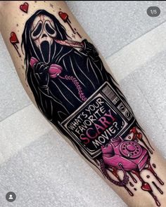 Halloween Tattoo Ideas, Horror Movie Tattoos, Pink Tattoo, Movie Tattoos, Sick Tattoo, Theme Tattoo