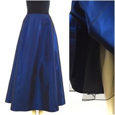 "A sophisticated & elegant iridescent midnight blue taffeta skirt, very flared with 6 gores.  The skirt fastens on the left side with an invisible zipper. There is no waistband so skirt can sit either at waist or just below. It is somewhere around ankle length, depending on your height and height of heel being worn. Tulle is gathered onto the lower part of the lining, forming a partial crinoline, which adds fulness to the skirt.  The fabric will make a lovely swishing sound when you move.  A lov Blue Pleated Evening Skirt, Evening Taffeta Skirt, Fitted Satin Finish Evening Skirt, Fitted Satin Evening Skirt, Fitted Taffeta Skirt For Evening, Blue Fitted Satin Skirt, Fitted Taffeta Party Skirt, Elegant Party Skirt With Satin Finish, Fitted Taffeta Full Skirt