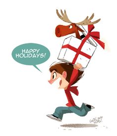 a cartoon character carrying a christmas present on his back