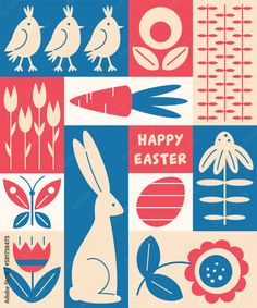 an easter card with rabbits, flowers and birds in red, white, and blue